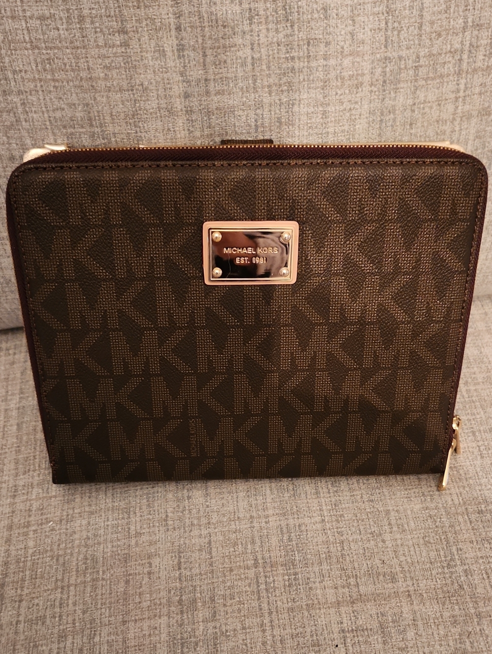 Michael Kors Brown Signature MK TABLET CASE with Gold Plate